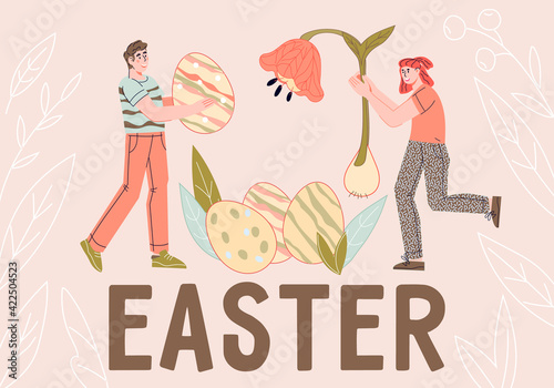 Wallpaper Mural Easter card or banner template with people holding colored eggs and spring flowers above huge Easter word, flat vector illustration isolated on background. Spring holiday banner or poster design. Torontodigital.ca