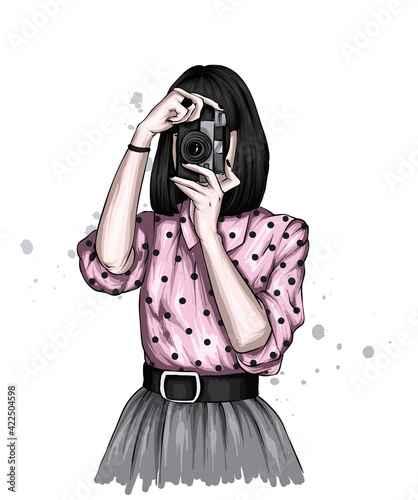 A girl in a beautiful blouse and skirt and with a vintage camera. Illustration for a postcard or poster. Fashion and style, clothing and accessories. Retro.