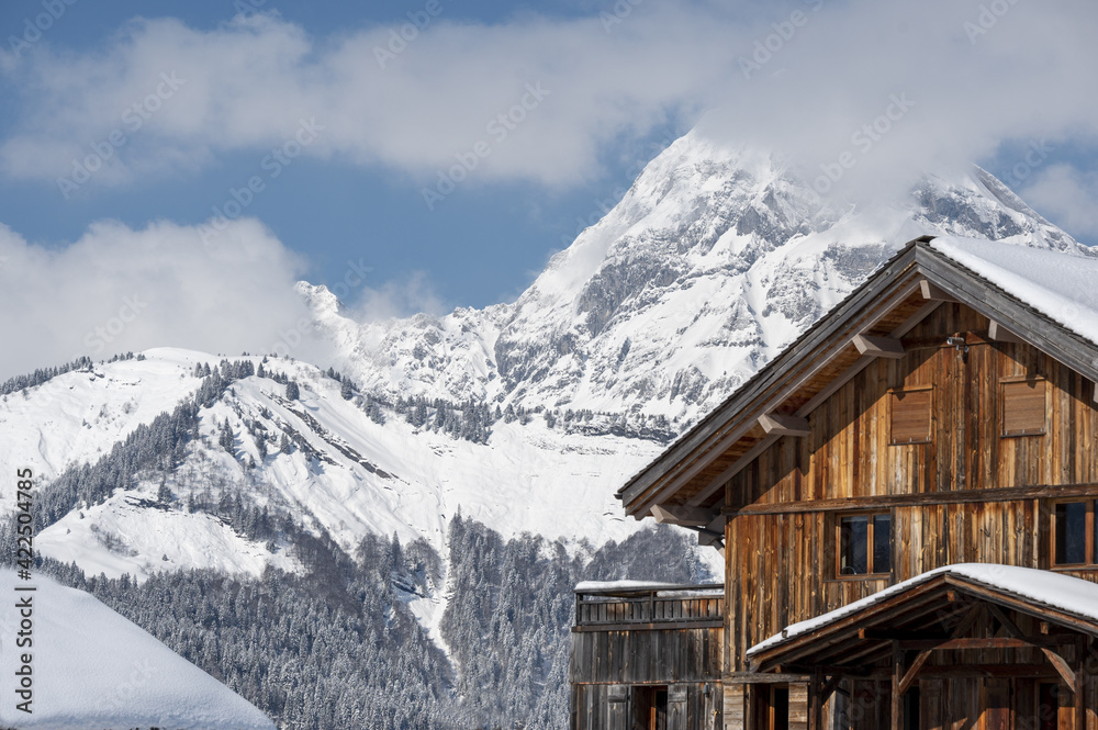 Fototapeta premium Toit de chalet et montagne enneigée