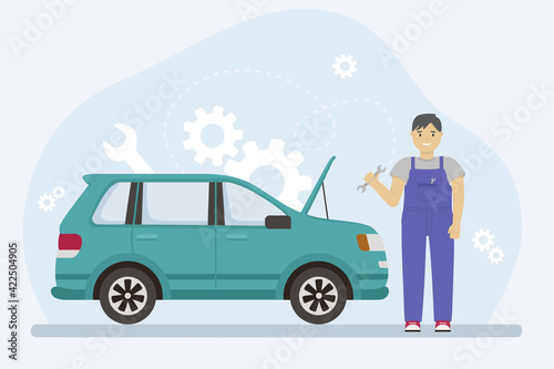 Man in overalls repairs a car with a wrench.Vector illustration of a mechanic.