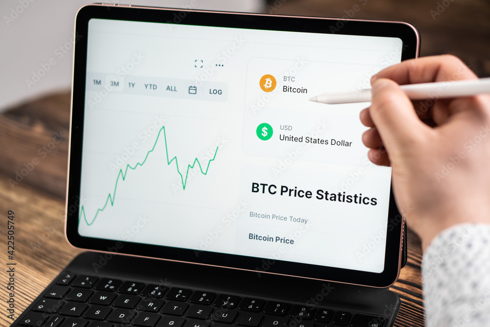 A crypto trader is trying to predict the bitcoin price by chart technical analysis on the tablet.