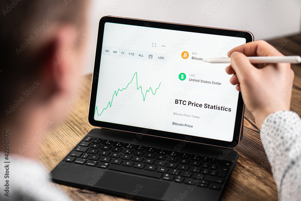 A crypto trader is trying to predict the bitcoin price by chart technical analysis on the tablet. A crypto trader is trying to predict the bitcoin price by chart technical analysis on the tablet.