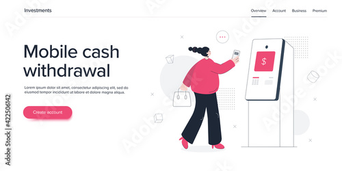 Young woman using credit card with ATM machine. Cash machine withdrawal or online money transfer. Internet banking smartphone pay. Website banner or webpage layout template.