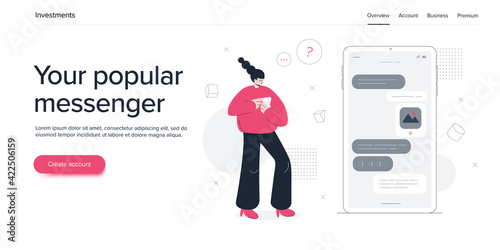 Young woman using online messenger in smartphone. Girl chatting via social media app in cellphone. Website banner or webpage layout template.