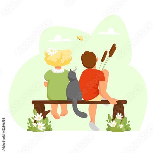 a boy and a girl. children with a cat. kids in nature. children rear view. vector