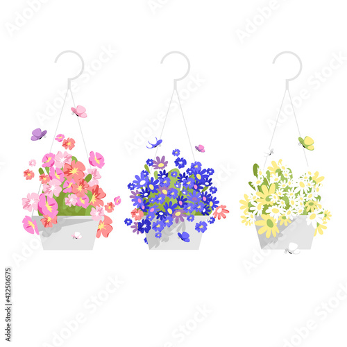 a set of vector isolated images of flowers in hanging planters. colorful plants