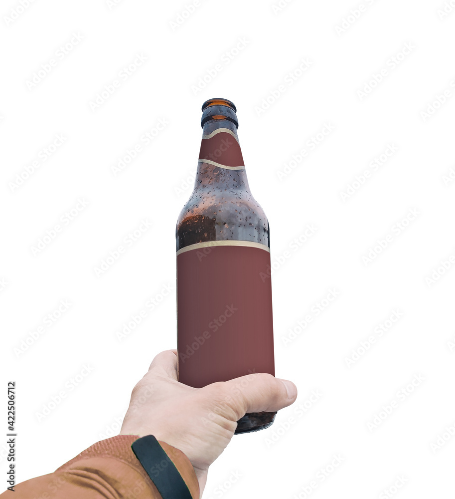 Hand holding beer bottle with empty label. Mockup of drink isolated on white background Hand holding beer bottle with empty label. Mockup of drink isolated on white background
