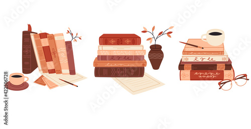 Pile of books with vase, paper and pencil flat cartoon illustration collection. Library, bookstore banner design. Education aesthetic, elegant study background set. 