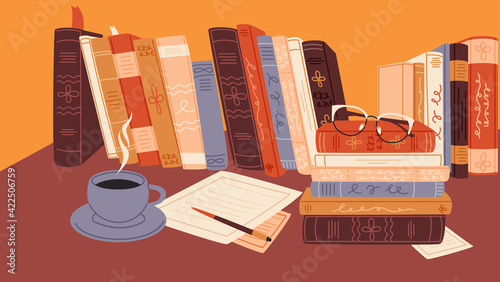 Library, bookstore banner design. Education aesthetic, elegant study background. Pile of books with paper, glasses and pencil flat cartoon illustration. 