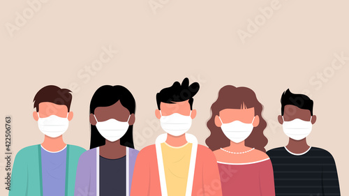 Group of people wearing medical mask to prevent from corona virus. Vector illustration.