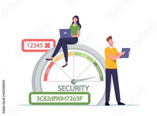 Woman with Laptop and Man with Tablet at Scale of Password Security Range with Poor, Average, Good and Excellent Safety