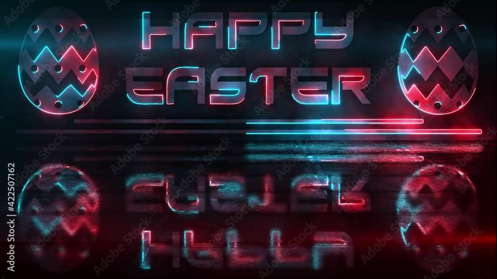 Happy Easter dynamic blue and red animated neon light effect and reflection for looping backgrounds, electronic signs and billboards on a textured floor surface against a black background    