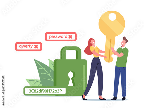 Data Protection Concept. Tiny Male and Female Characters Holding Huge Gold Key near Green Padlock with Strong Password