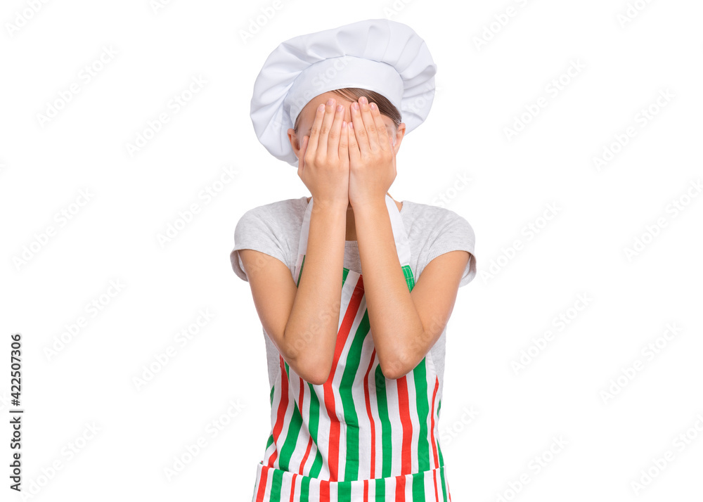 Cute girl in chef uniform isolated on white background covering eyes with hands