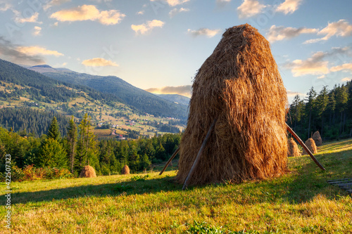 Transylvanian mountains with typical bales on the hillside, Bihar mountains, Carpathian mountains at sunrise photo