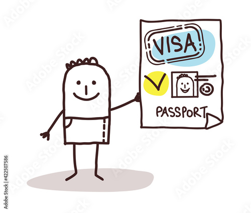 Cartoon smiling man showing a valid Passport and Visa