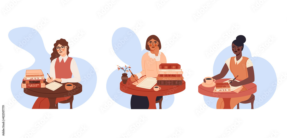 Fototapeta premium Elegant modern woman study and drink coffee banner design collection. Author writer workspace trendy background. Cute female character sitting on the table and write flat cartoon illustration set. 