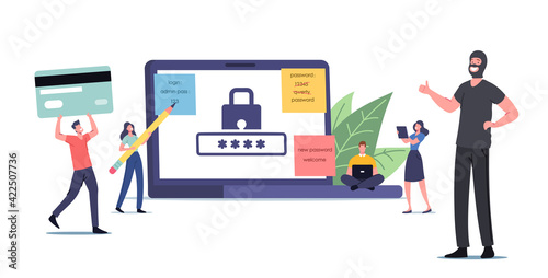 Account Protection Concept. Tiny Characters around Huge Laptop Work on Pc with Weak Password, Happy Robber Show Thumb Up
