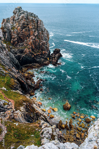 .The beautiful and rocky coast of France, the bays between the rocks, the turquoise color of the oceans. Ocean landscape.