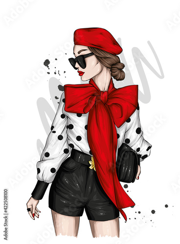 A beautiful girl in a stylish beret, blouse and shorts. Vector illustration for a postcard or poster, print on clothes. Fashion and Style.