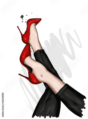 Women's legs in stylish high-heeled shoes and trousers. Fashion and style, clothing and accessories. Vector illustration.
