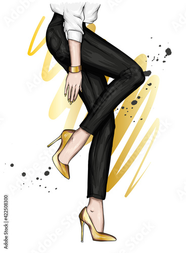 Women's legs in stylish high-heeled shoes and trousers. Fashion and style, clothing and accessories. Vector illustration.

