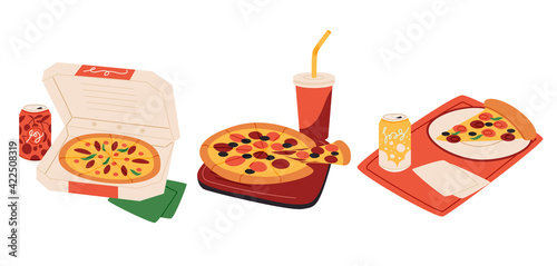 Pizza with soda drink flat cartoon illustration. Italian food in card box banner design. Food delivery background