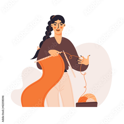 Cute Asian woman knitting flat cartoon illustration. Traditional handmade craft banner design. Lifestyle concept. Balls of wool and knitting needles.