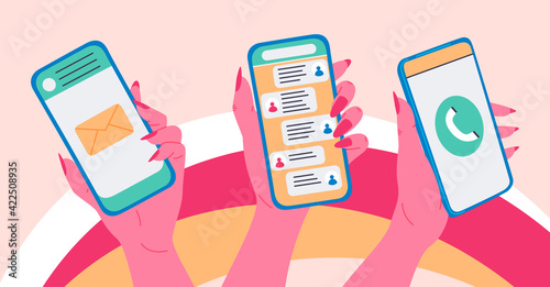 Online communication flat illustration. Woman's hand holding smartphone with messages, letters and calls banner design. Social application, contact us background.