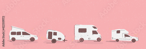 Various camping van, trailer, road house, camping caravan. Concept of vacation on road, traveling by car, rent a motorhome. Vector illustration in hand drawing style with colored pencils. Copy space
