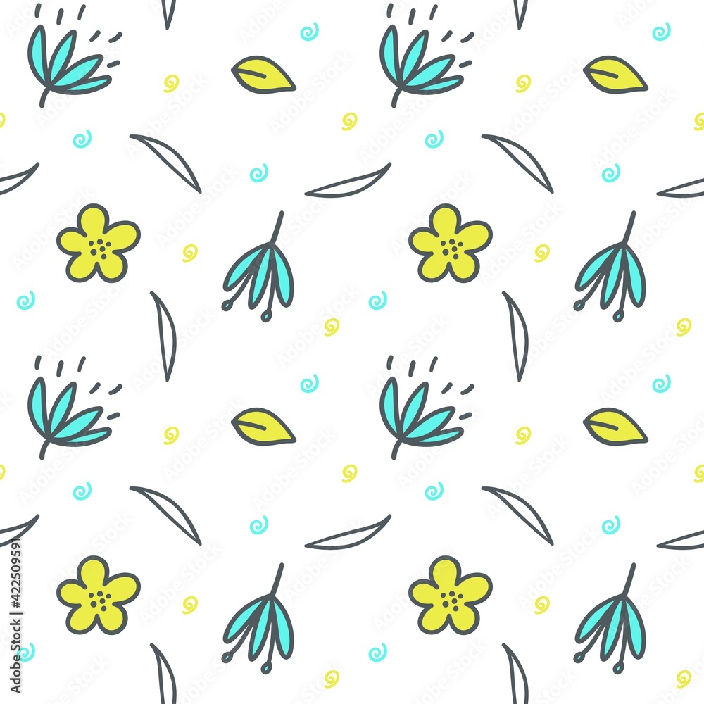 Endless funny doodle background with flowers, leaves and hearts. Flat vector pattern, ornament, textil, fabric or postcards Endless funny doodle background with flowers, leaves and hearts. Flat vector pattern, ornament, textil, fabric or postcards