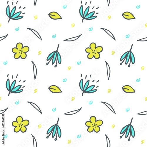Endless funny doodle background with flowers, leaves and hearts. Flat vector pattern, ornament, textil, fabric or postcards