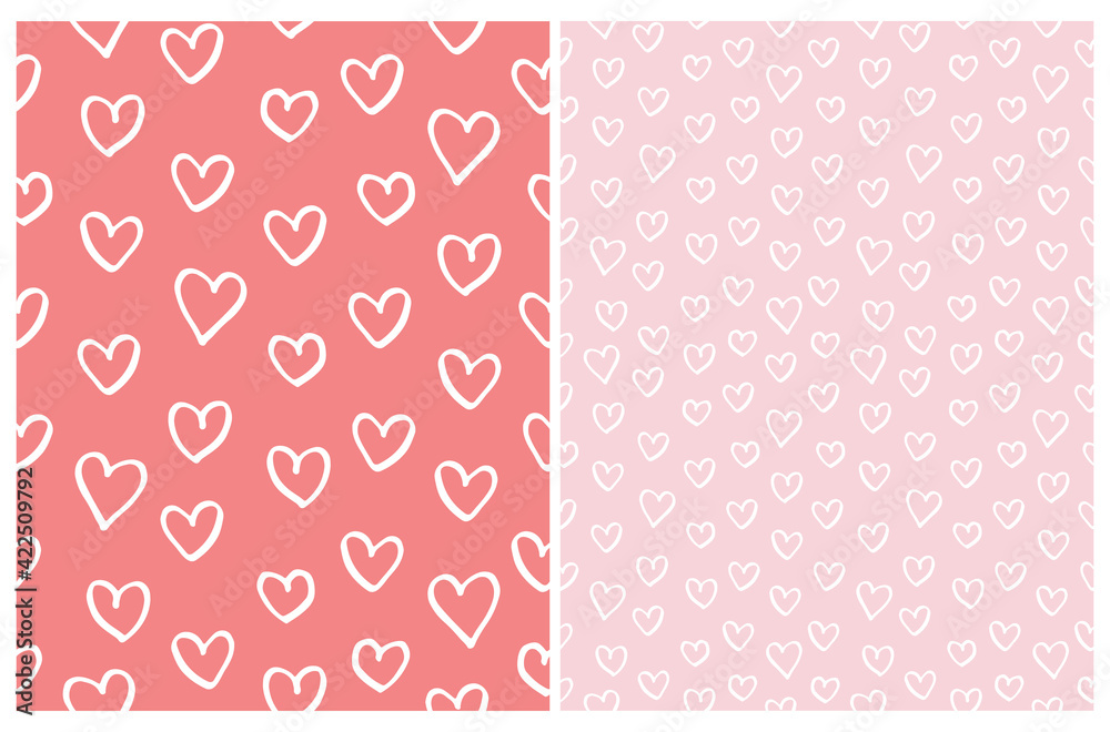 Cute Hand Drawn Irregular Romantic Vector Patterns with White Sketched Hearts Isolated on a Light Red and Pastel Pink Background. Funny Infantile Style Hearts Print ideal for Fabric, Textile