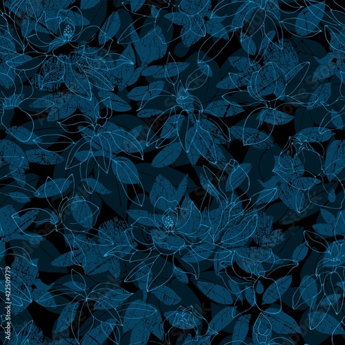 Seamless pattern with plants and contoured flowers. Dark background.