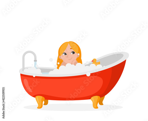 Girl taking a bath. A young female character taking a relaxing bath with duck.