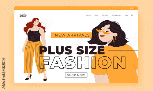 Plus size clothing store first screen template with beautiful and stylish curvy ladies. Diversity of human beauty and its recognition in the modern world. Humanistic social trends