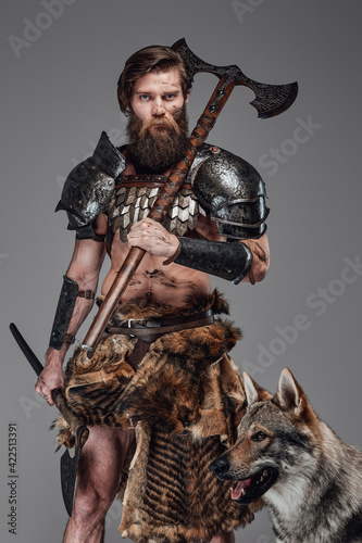 Authentic grimy viking wearing armor and his beautiful wolf