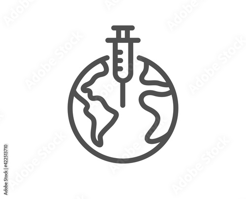 Pandemic vaccine line icon. Corona syringe sign. Vector