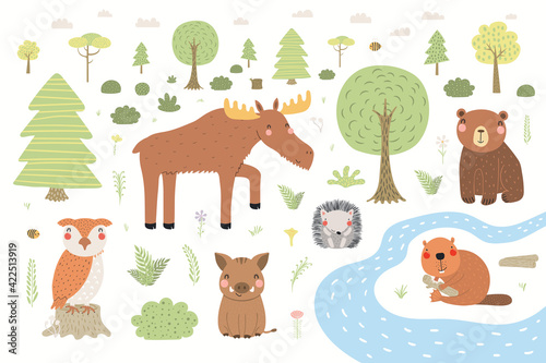 Cute wild animals, forest scene, woodland landscape, isolated on white background. Hand drawn vector illustration. Scandinavian style flat design. Concept for kids fashion, textile print, poster, card