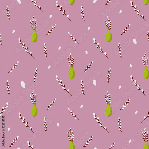 Spring pattern with willow branches and vases. Endless vector texture on violet background. For textile, wrapping paper