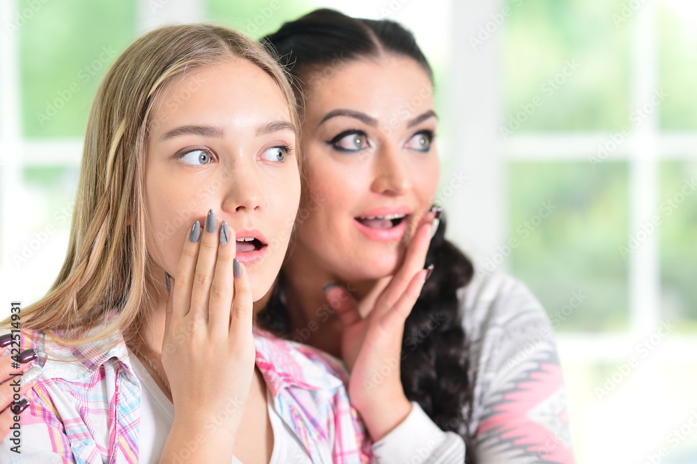 Close-up portrait of a charming teenage girl hugging with mom at home Close-up portrait of a charming teenage girl hugging with mom at home