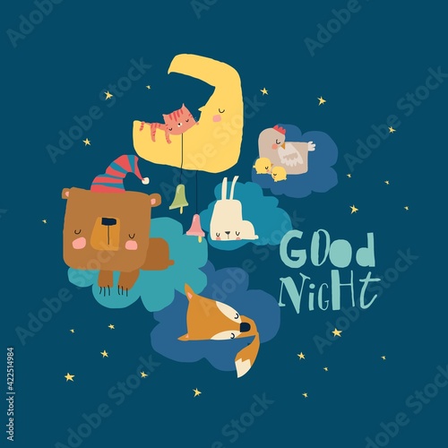 Cute cartoon animals sleeping on clouds. Sweet dreams