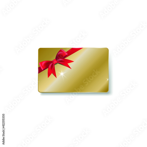 golden gift card with red ribbon and bow, 3d vector mockup