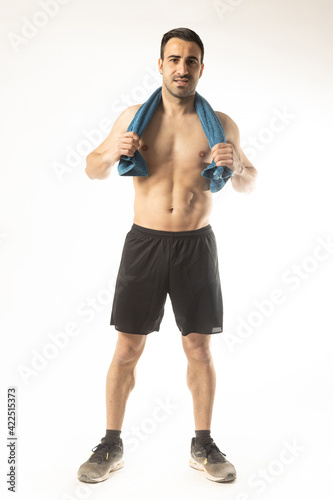 Athlete man with sweat towel on white background.