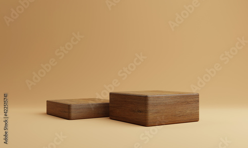 Fototapeta Naklejka Na Ścianę i Meble -  Two brown wooden rectangle cube product stage podium on orange background. Minimal fashion theme. Geometry exhibition stage mockup concept. 3D illustration rendering graphic design