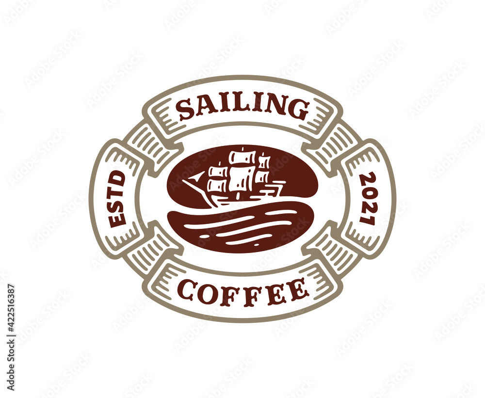 coffee bean logo badge with sailing ship illustration in vintage design coffee bean logo badge with sailing ship illustration in vintage design