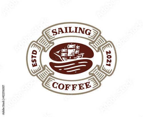 coffee bean logo badge with sailing ship illustration in vintage design