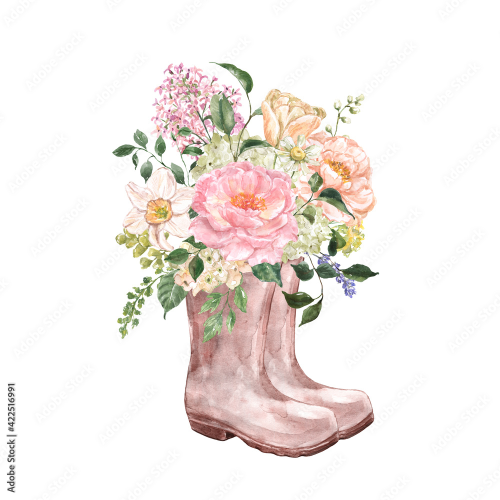 Watercolor garden boots with flowers composition. Hand painted rain