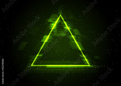 Retro futuristic 80s - 90s abstract hi-tech neon background with galaxy sky and glitch effect triangle. Vector poster design