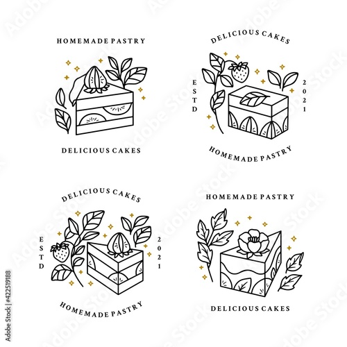 Set of hand drawn cake, pastry and bakery logo elements isolated on white background